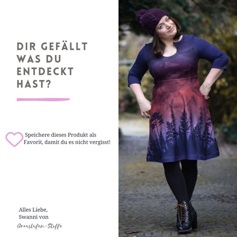 May include: A woman wearing a purple and blue dress with a forest print. The dress has a scoop neck and 3/4 sleeves. The dress is knee-length and has a fitted bodice and a flared skirt. The woman is wearing a purple beanie and black tights. The text on the image reads "Dir gef&auml;llt was du entdeckt hast?" and "Speichere dieses Produkt als Favorit, damit du es nicht vergisst!" and "Alles Liebe, Swanni von Graustufen-Stoffe".