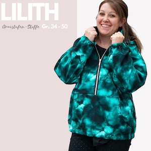 Könnte beinhalten: Ein teal- und schwarzfarbener Tie-Dye-Kapuzenpullover mit Reißverschluss. Der Pullover hat eine große Tasche auf der Vorderseite und ist aus einem weichen, bequemen Stoff gefertigt. Der Text "LILITH Graustufen-Stoffe Gr. 34 - 50" ist auf dem Bild sichtbar.