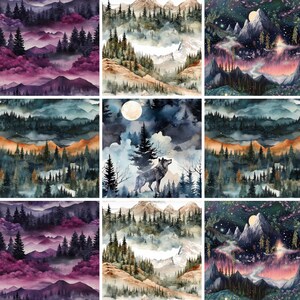Könnte beinhalten: Eine digitale Collage aus neun Aquarellbildern, die verschiedene Waldszenen darstellen. Die Szenen beinhalten einen Wolf in einem mondbeschienenen Wald, eine Bergkette mit einem sternenklaren Himmel und einen nebelverhangenen Wald mit einem Fluss.