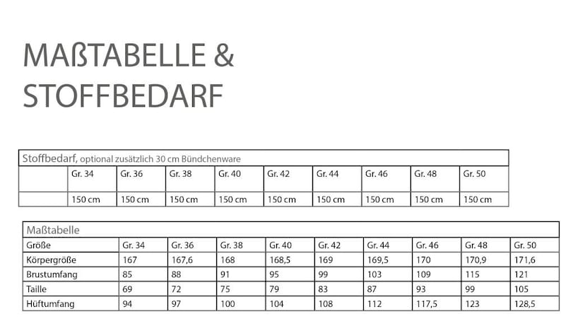 May include: A size chart for clothing with measurements in centimeters for different sizes, from size 34 to size 50. The chart includes measurements for body size, bust, waist, and hips.