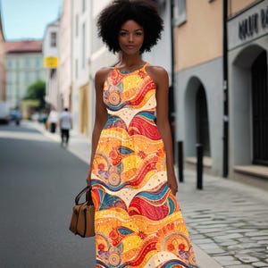 Könnte beinhalten: Ein lebendiges Maxikleid mit Halfter-Ausschnitt und einem farbenfrohen, wirbelnden Paisley-Muster in Orange, Gelb, Rot und Blau. Das Kleid wird mit einer braunen Handtasche getragen. Das Kleid ist eine stilvolle Wahl für warmes Wetter.