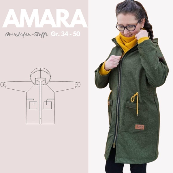 Sewing pattern softshell coat / fulled coat and jacket Amara from Graustufe-Stoffe, transition jacket, size. 34-50 in German, digital