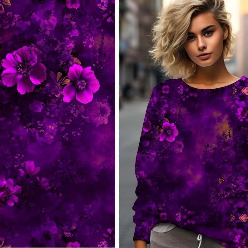 May include: A purple sweatshirt with a floral print featuring pink flowers and gold accents. The sweatshirt has a crew neck and long sleeves.