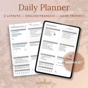 Peut inclure: Un planificateur quotidien numérique au design minimaliste. L'image montre deux présentations de planificateur, une sur une tablette et une autre imprimée sur papier. Le planificateur comprend des sections pour les tâches, les notes et le suivi de l'humeur. Le texte sur l'image indique "Daily Planner" et "ADHD Friendly".