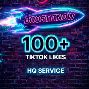 Op de afbeelding: Een neonbord op een bakstenen muur met het TikTok-logo, een raket met de tekst "BOOST IT NOW" en de tekst "100+ TikTok Likes HQ Service". Het bord is in tinten blauw, roze en wit.