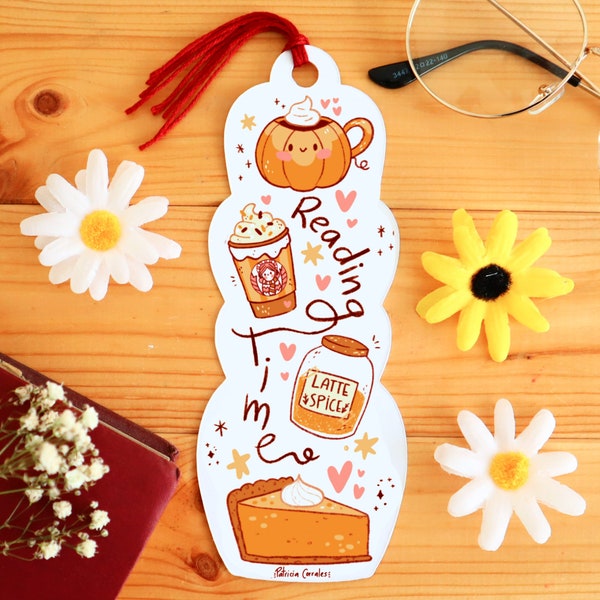 Reading Time Bookmark with tassel | Cute Pumpkin Spice Latte Bookmark, Books, Bookworms gift, Cute Stationery, Kawaii bookmark, book lover