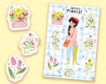 Spring Sticker Sheet - Kawaii Stickers Illustration, Plant Stickers, Sticker Planner, Planner Stickers, Cute stickers, Bullet Journal Diary