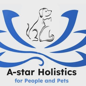 May include: Logo for A-star Holistics, featuring a blue lotus flower design. A black and white illustration of a dog and cat is centered above the text. The text reads "A-star Holistics for People and Pets."