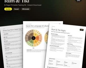 Kit pour une soirée dégustation de rhum et ambiance tiki | Guide des rhums à imprimer, roue des saveurs et fiches de dégustation | Téléchargement numérique instantané