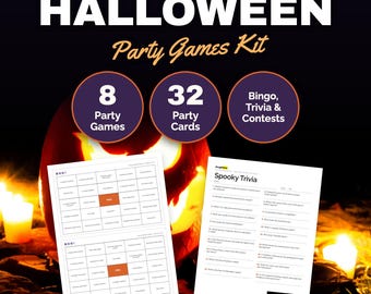 May include: A Halloween party games kit featuring 8 party games, 32 party cards, and bingo, trivia, and contests. The kit includes 29 pages of printable materials, including bingo cards and a Spooky Trivia sheet, presented with orange and purple text.