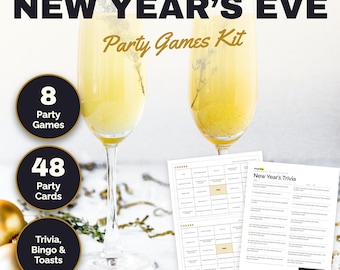 May include: A New Year's Eve party games kit featuring two champagne flutes filled with yellow liquid, three black circular badges stating 8 Party Games, 48 Party Cards, and Trivia, Bingo & Toasts, plus printed bingo and trivia game sheets.