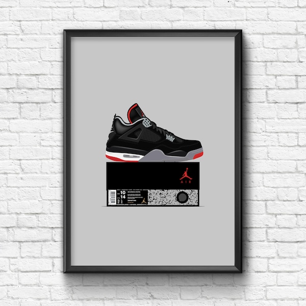 Air Jordan 4 BRED, Retro, Sneaker, Swoosh, Jordan, Jumpman, Basketball, Bulls, Nike, Box Fresh, Trainers, Modern Print, A3 (420mm x 297mm)
