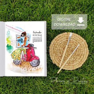 May include: A watercolour illustration of a woman riding a red scooter with a map of Italy in her hand. The calendar for September is in the background. The image is on a white background.