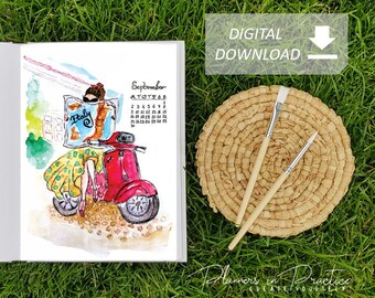 4 rozmiary, okładka do kalendarza do druku, wrzesień 2019, Bullet Journal (Bujo), ręcznie rysowany włoski akwarelowy planer miesięczny, wkładka do druku