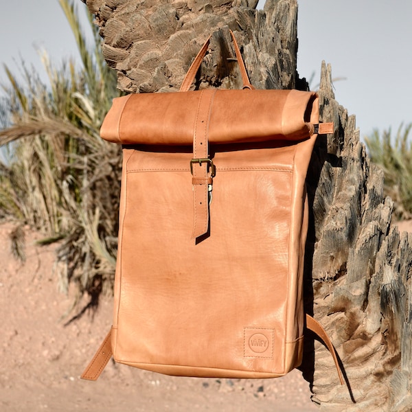 Sac à dos de messagerie Rolltop sac à dos en cuir sac à dos de ville sac à dos d'extérieur sac à dos pour ordinateur portable sac à dos universitaire en cuir - Marrakech