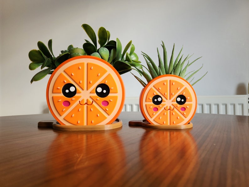 May include: Two orange slice planters with cute faces. The larger planter has a succulent plant and the smaller planter has a green air plant.