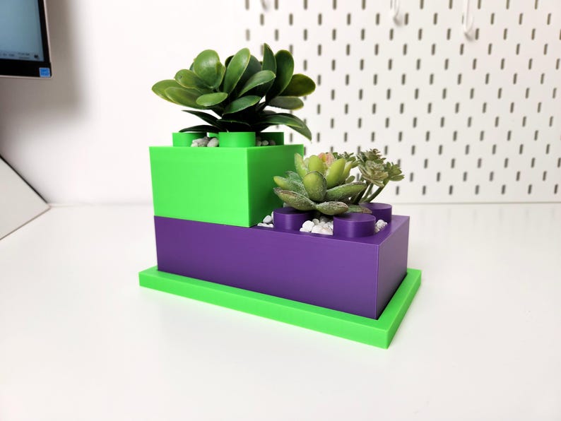 May include: A green and purple planter shaped like a Lego brick, with two small succulent plants inside.