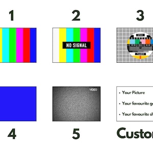 Pu&ograve; includere: Cinque tipi diversi di schemi di test per uno schermo televisivo. Gli schemi includono uno schema di test a barre di colore, uno schema di test "nessun segnale", uno schema di test standard con un cerchio al centro, uno schermo blu solido e uno schermo statico con rumore bianco.