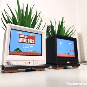 Pu&ograve; includere: Due mini televisori retr&ograve; bianchi e neri in vaso con piante verdi. La TV a sinistra ha uno schermo che mostra il gioco Super Mario Bros. La TV a destra ha uno schermo che mostra un cielo blu con nuvole e un oggetto volante rosso e bianco.