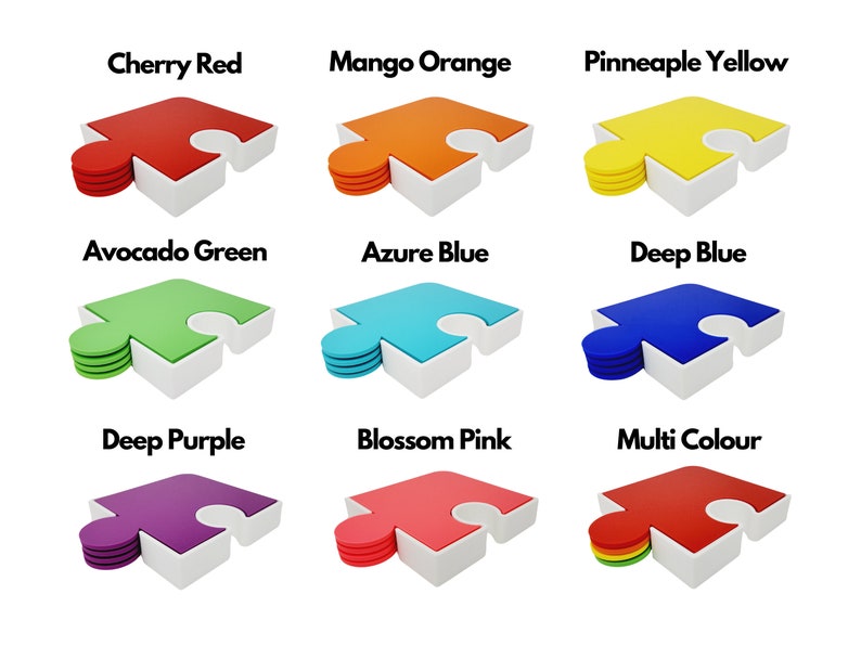 May include: Nine colorful puzzle pieces stacked on top of each other. The colors are cherry red, mango orange, pineapple yellow, avocado green, azure blue, deep blue, deep purple, blossom pink, and multi-color.