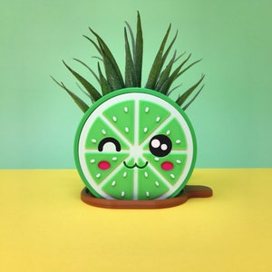Op de afbeelding: Een groene, limoen-vormige plantenpot met een schattig cartoon gezicht en een klein groen plantje dat uit de bovenkant groeit.