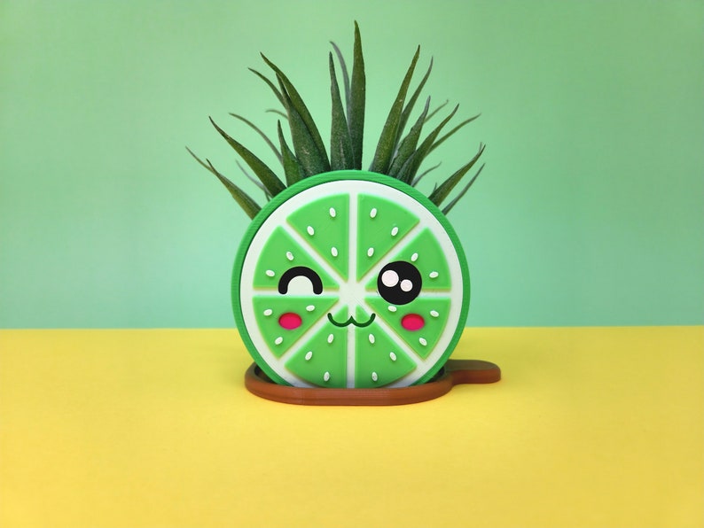 Op de afbeelding: Een groene, limoen-vormige plantenpot met een schattig cartoon gezicht en een klein groen plantje dat uit de bovenkant groeit.
