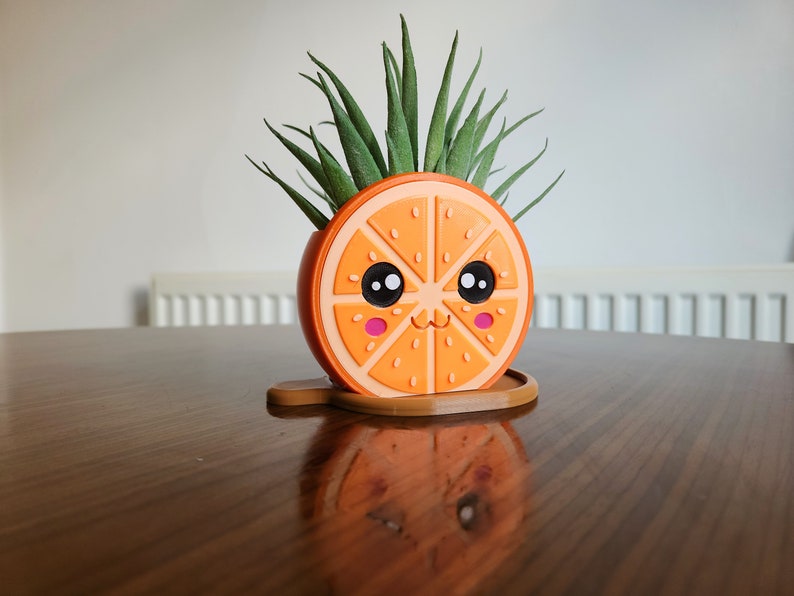 May include: A cute orange slice planter with a happy face and a green succulent plant growing out of the top.