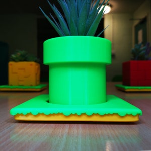 May include: A green and yellow 3D printed planter shaped like a Super Mario Bros. pipe. The planter has a small succulent plant growing inside.