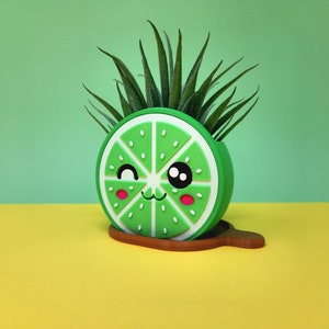 Op de afbeelding: Een groene, limoen-vormige plantenpot met een schattig cartoon gezicht en een klein succulent plantje dat erin groeit. De pot staat op een gele ondergrond.