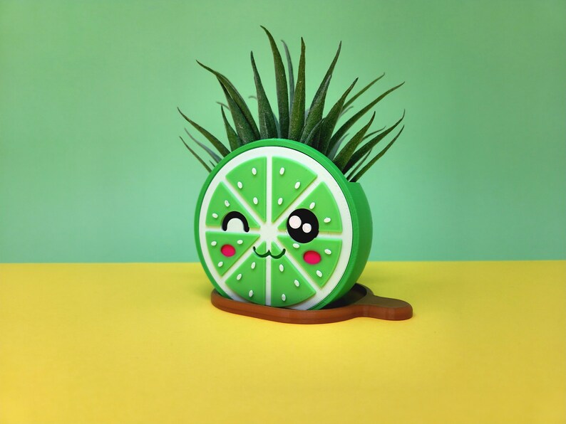 Op de afbeelding: Een groene, limoen-vormige plantenpot met een schattig cartoon gezicht en een klein succulent plantje dat erin groeit. De pot staat op een gele ondergrond.