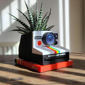 Puede incluir: Un macetero de cámara instantánea blanco y negro con una planta suculenta verde en su interior. La cámara tiene un botón rojo y el texto "OneShot" e "INSTANT LAND CAMERA". El macetero está sobre una caja roja y blanca con el texto "SX-70".