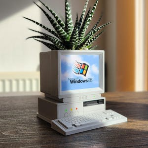 Puede incluir: Un macetero de computadora de escritorio blanco con una planta suculenta verde. El monitor de la computadora tiene un fondo de cielo azul con el logotipo de Microsoft Windows 98.