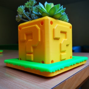 May include: A yellow question mark block planter with a green rim and a succulent plant growing inside.
