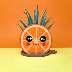 Op de afbeelding: Een feloranje plantenpot in de vorm van een glimlachende sinaasappelschijf met een groene succulent die eruit groeit.