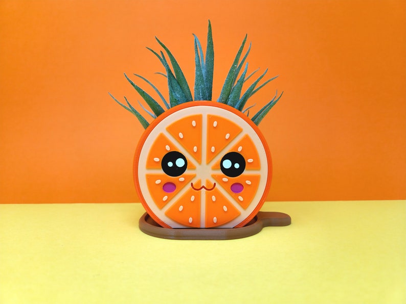 Op de afbeelding: Een feloranje plantenpot in de vorm van een glimlachende sinaasappelschijf met een groene succulent die eruit groeit.