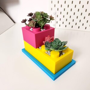 May include: Two stacked plastic planters shaped like Lego bricks, the top one is pink and the bottom one is yellow. The planters are filled with small green and red succulents.