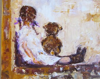 Little girl and Teddy bear oil painting Girl and Teddy besr art Teddy bear oil art Little girl oil art Girl and Teddy  art Gift for children