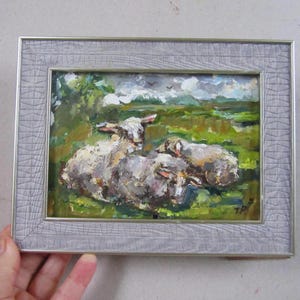 Sheep oil painting Sheep original art Sheep framed art Farmhouse painting Animal oil painting Painting Irish landscape Sheep small painting