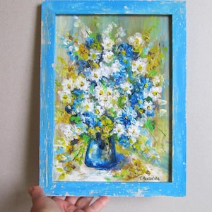 Bouquet oil painting  Blue flowers oil art Flowers oil painting Blue flowers framed art Blue flowers small art Blue flowers  artwork