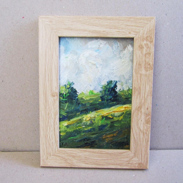 Forest glade oil Miniature Country side painting Small landscape oil painting Framed miniature forest painting Framed  art Gift  for home