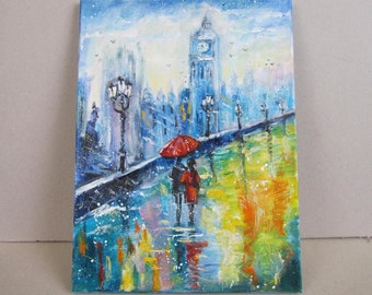 Original Oil Painting: Abstract Rainy London Street, Impasto Art (16x12)