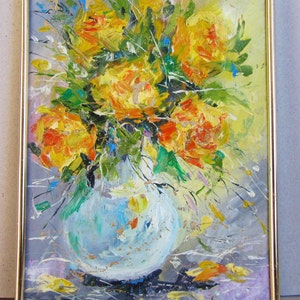 Yellow roses impasto art Yellow roses oil painting Gold roses framed painting Gift for her Yellow roses framed art Gold roses art