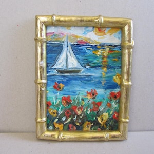 Sailboats miniature  oil painting Sailboats framed oil painting Florida oil painting Tiny framed art Seascape framed art Sunset original art