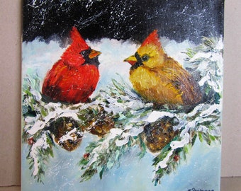 Original cardinals oil painting Red cardinals oil painting Original pair of cardinals art Winter bird painting Optimistic oil painting