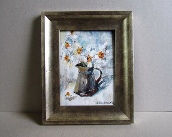 Daffodils Oil Painting: Framed Vintage Floral Art (6x4)