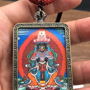 Handmade Tibetan Wealth God Zhaji Lhamo Thangka Pendant – religious Sacred Amulet  | Car Charm | Karma cleansing, lucky charm