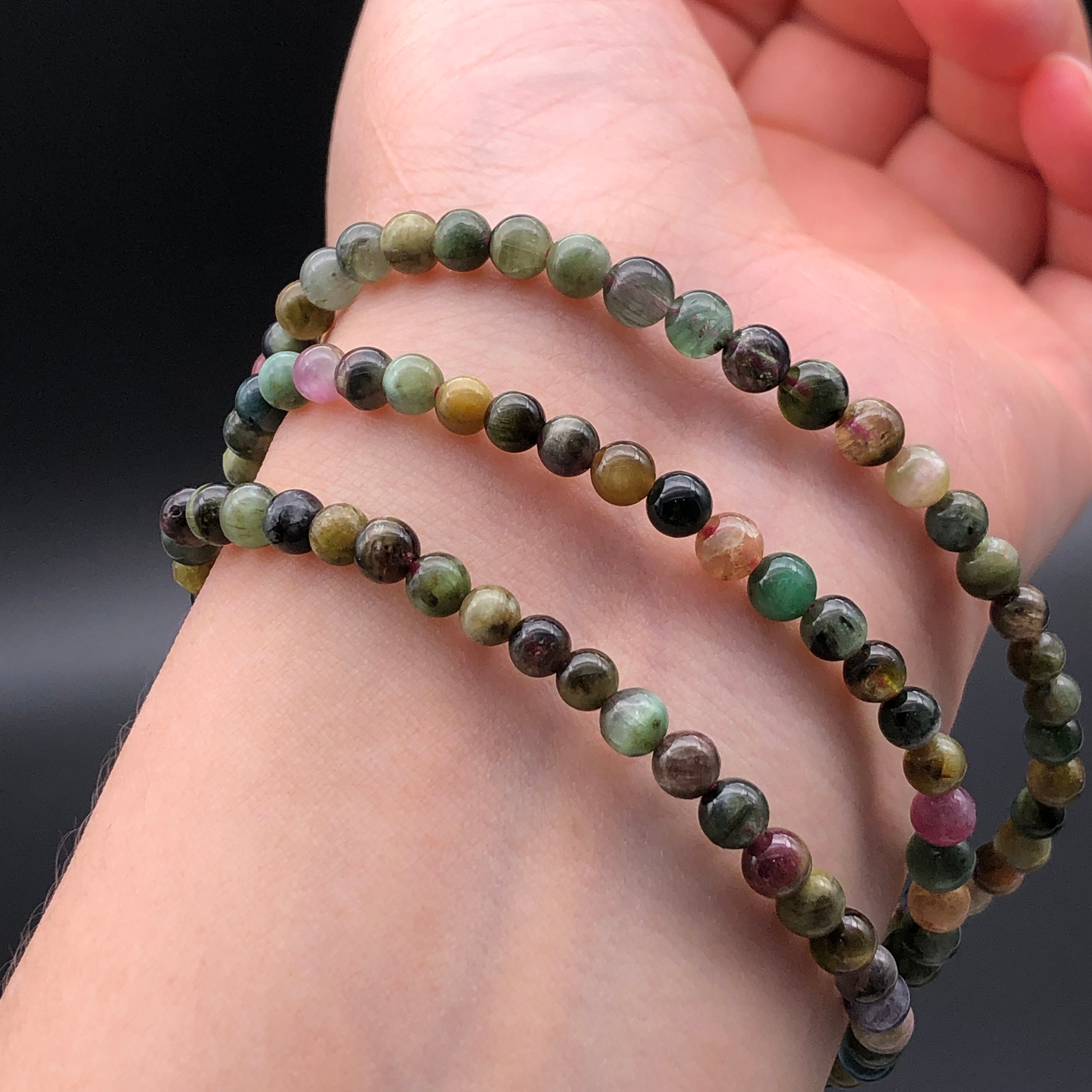 4mm Green Tourmaline Cat Eye Bracelet, 3 Beaded Jewelry for