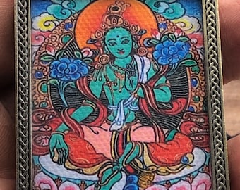 Green Tara Thangka Art Pendant – Hand-Painted Buddhist Jewelry with Mantra – Spiritual Protection & Blessings