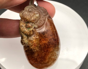 Garden quartz Pixiu pendant,lodolite Pixiu with money bag design-crystal jewelry,guardian ,pixiu antler,gift for him her
