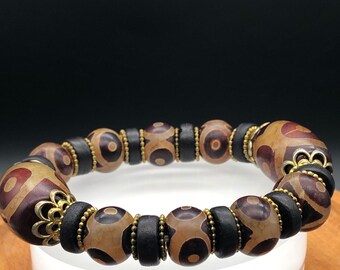 dzi bead,bracelet -Tibetan bead ,agate bracelet ,3 eye,dzi bead bracelet,wealth,crystal healing, men jewelry